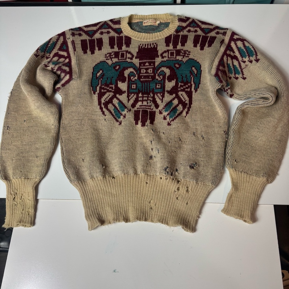 RARE Jantzen Totem Pole Jaquard Knit Vintage 1940s Wool Sweater Womens Sz 40 (M) - Picture 3 of 9